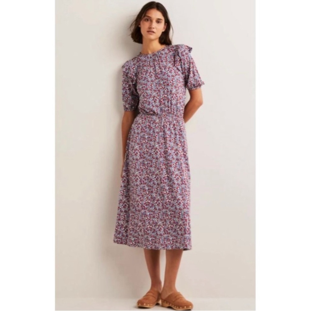 Boden Ruffle Jersey Midi Dress Riveria Blue Petal Paisley Womens Size 6 NWT $140